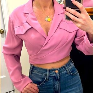 Crop blazer wrap around with buttons. Pink. Shoulder pads. Size small